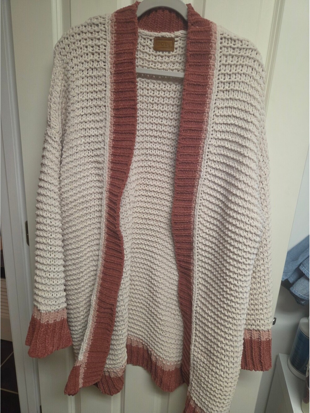 Pol Women's Chunky Knit Cardigan Sweater with Rust Trim